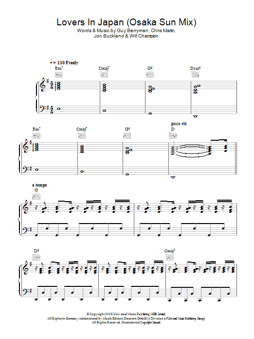 Learn to play Coldplay Lovers In Japan (Osaka Sun Mix) sheet music for Piano, Vocal & Guitar Chords in minutes. Price: 7.8900$ Coldplay Lovers In Japan (Osaka Sun Mix) sheet music notes and chords arranged for Piano, Vocal & Guitar Chords
