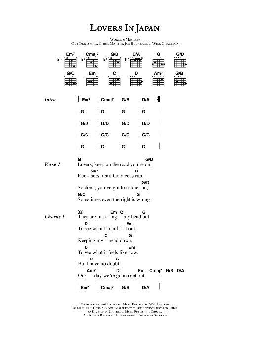 Coldplay Lovers In Japan sheet music notes and chords. Download Printable PDF.