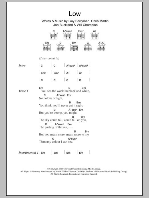 Coldplay Low sheet music notes and chords. Download Printable PDF.