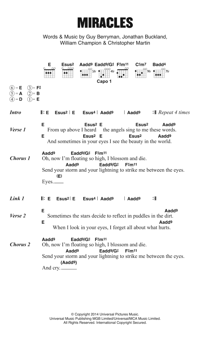 Coldplay Miracles sheet music notes and chords. Download Printable PDF.