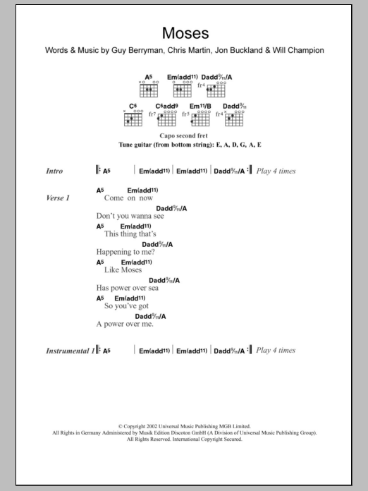 Coldplay Moses sheet music notes and chords. Download Printable PDF.