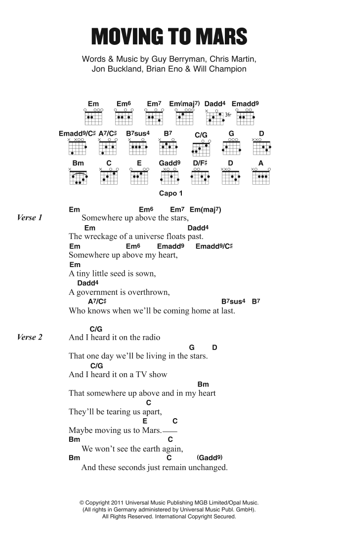 Coldplay Moving To Mars sheet music notes and chords. Download Printable PDF.