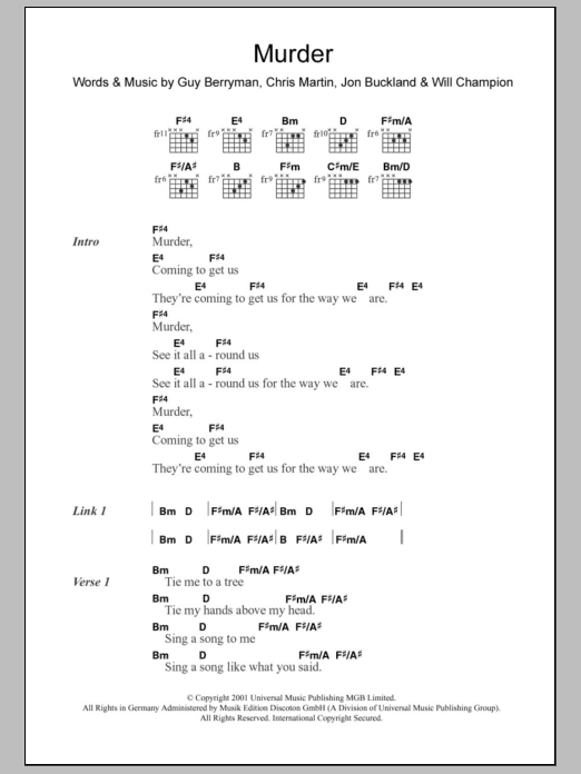 Coldplay Murder sheet music notes and chords. Download Printable PDF.