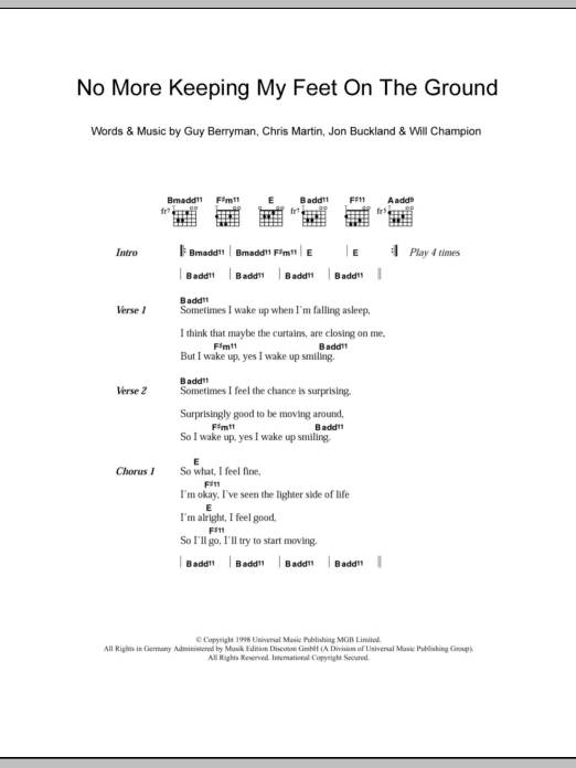 Coldplay No More Keeping My Feet On The Ground sheet music notes and chords. Download Printable PDF.