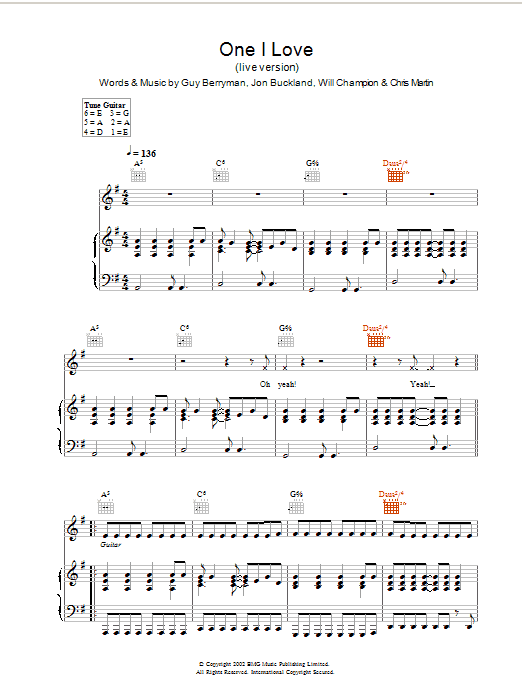 Learn to play Coldplay One I Love (live version) sheet music for Piano, Vocal & Guitar Chords in minutes. Price: 7.8900$ Coldplay One I Love (live version) sheet music notes and chords arranged for Piano, Vocal & Guitar Chords
