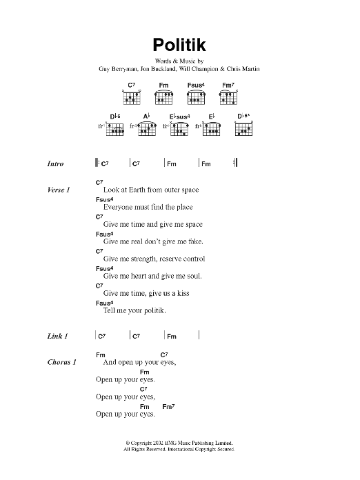 Coldplay Politik sheet music notes and chords. Download Printable PDF.