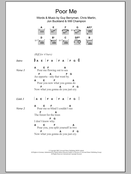 Coldplay Poor Me sheet music notes and chords. Download Printable PDF.