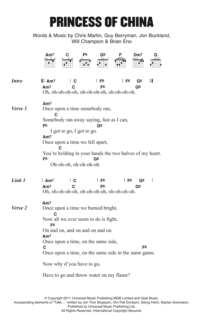 Coldplay Princess Of China (feat. Rihanna) sheet music notes and chords. Download Printable PDF.