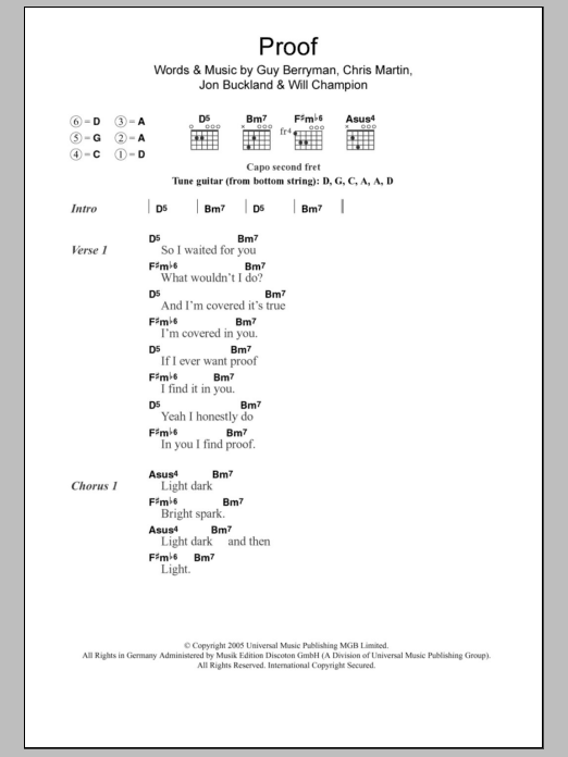 Coldplay Proof sheet music notes and chords. Download Printable PDF.