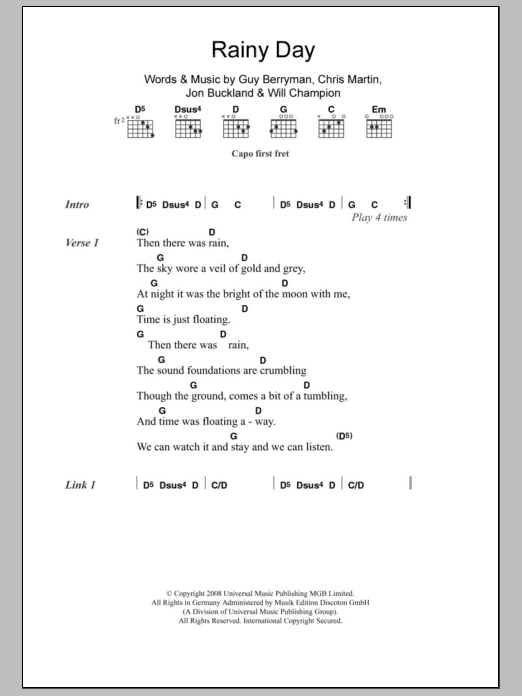 Coldplay Rainy Day sheet music notes and chords. Download Printable PDF.