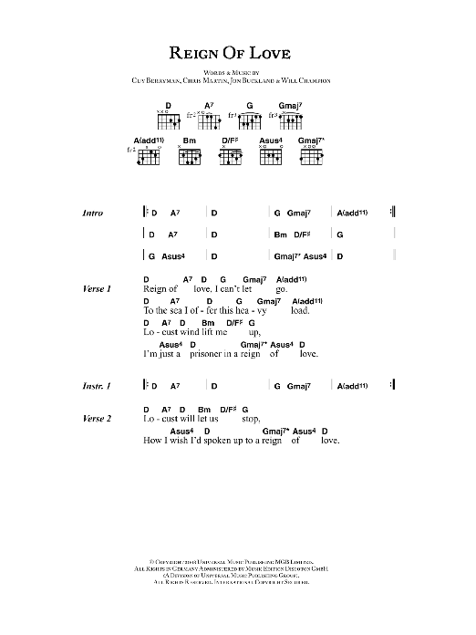 Coldplay Reign Of Love sheet music notes and chords. Download Printable PDF.