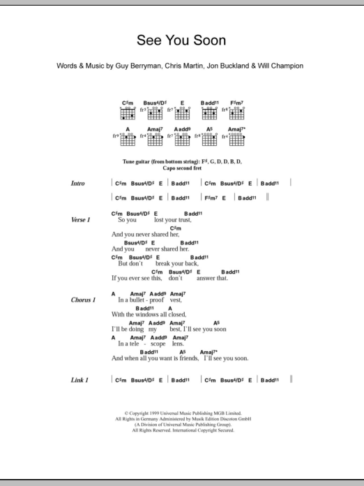 Coldplay See You Soon sheet music notes and chords arranged for Guitar Chords/Lyrics