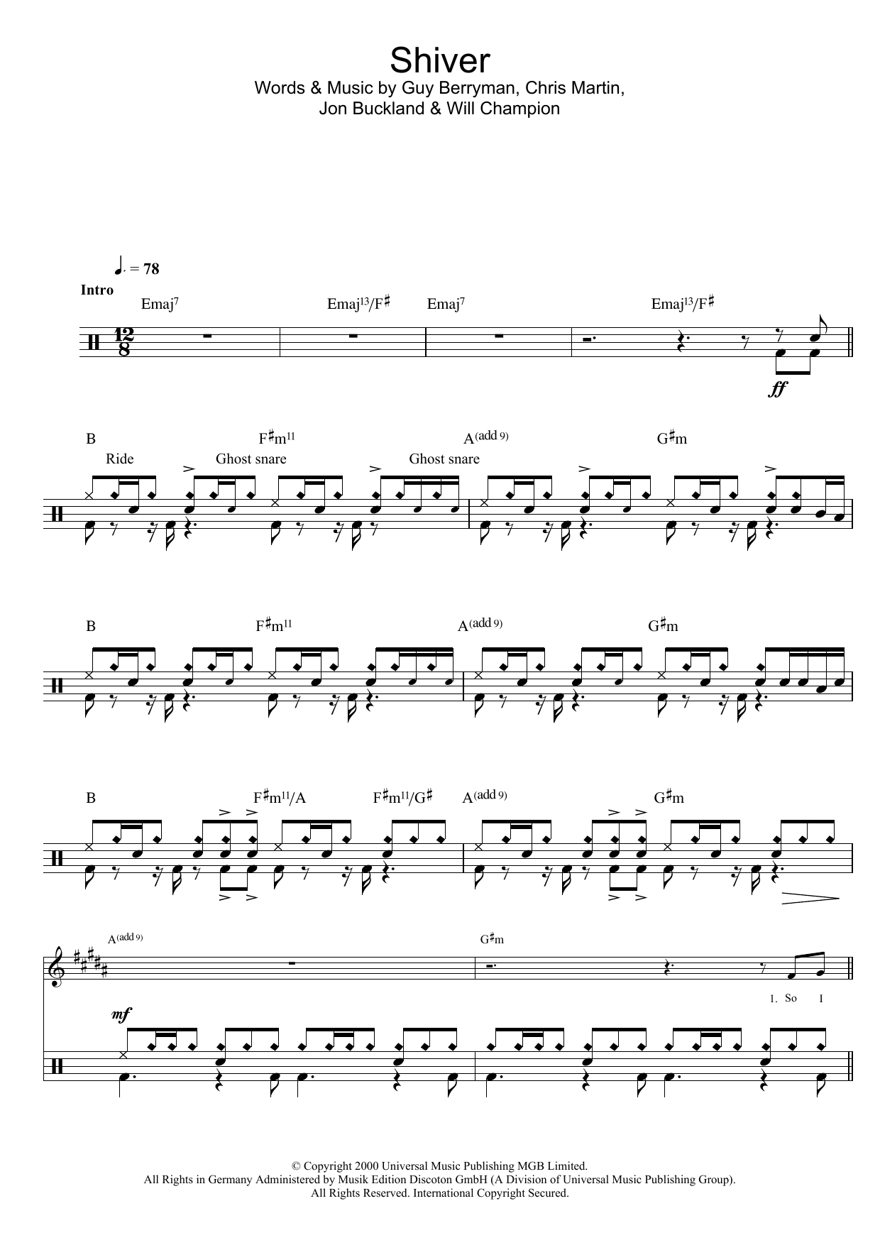 Coldplay Shiver sheet music notes and chords. Download Printable PDF.