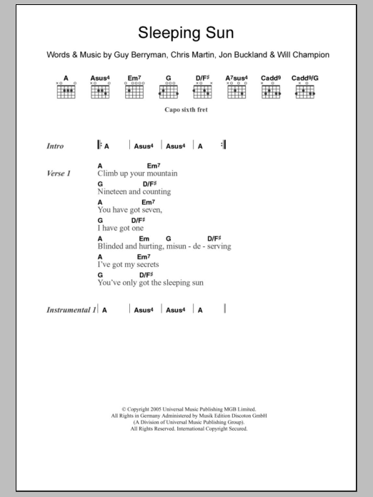 Coldplay Sleeping Sun sheet music notes and chords. Download Printable PDF.