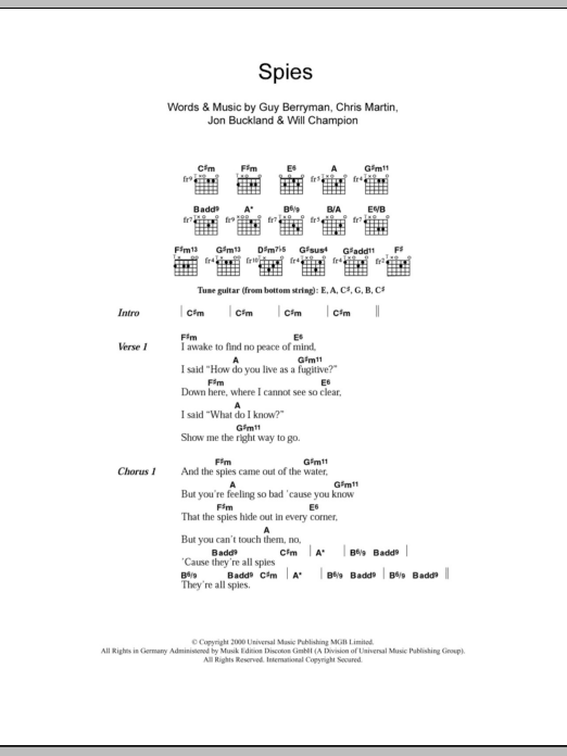 Coldplay Spies sheet music notes and chords. Download Printable PDF.