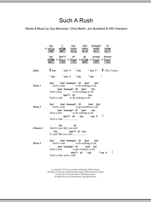 Coldplay Such A Rush sheet music notes and chords. Download Printable PDF.