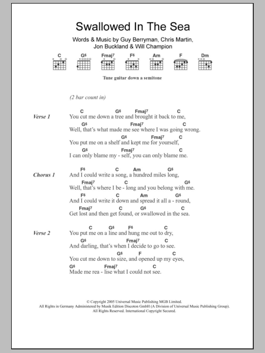 Coldplay Swallowed In The Sea sheet music notes and chords. Download Printable PDF.