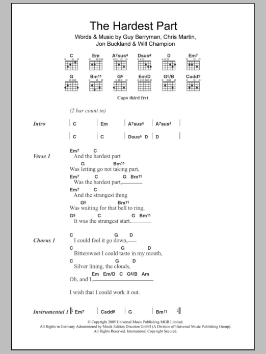 Coldplay The Hardest Part sheet music notes and chords. Download Printable PDF.