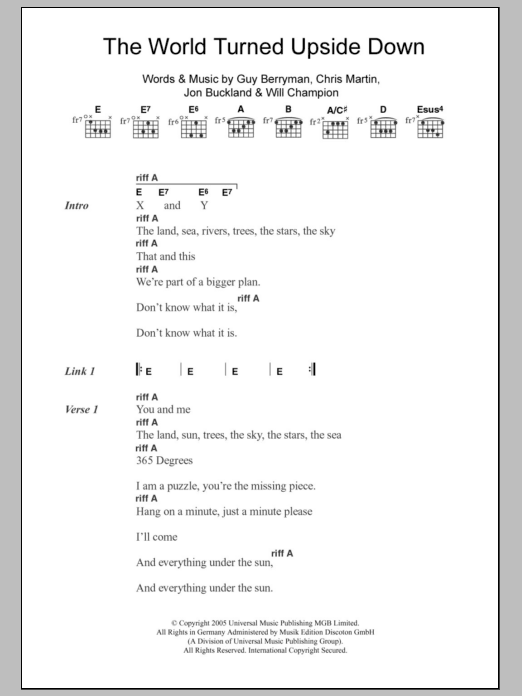 Coldplay The World Turned Upside Down sheet music notes and chords. Download Printable PDF.