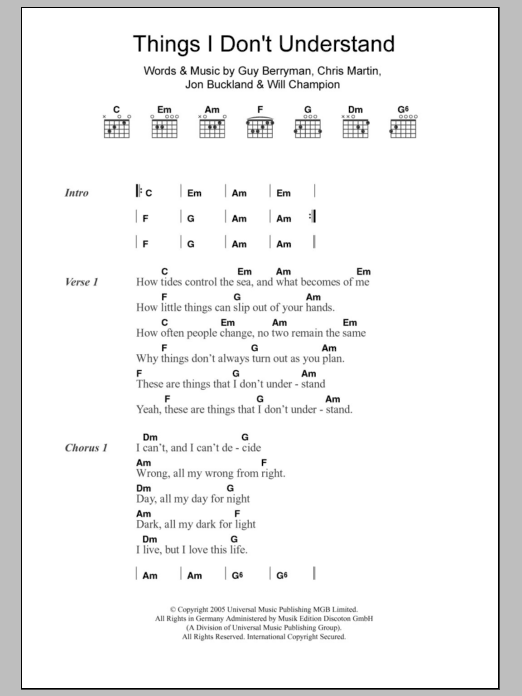 Coldplay Things I Don't Understand sheet music notes and chords. Download Printable PDF.