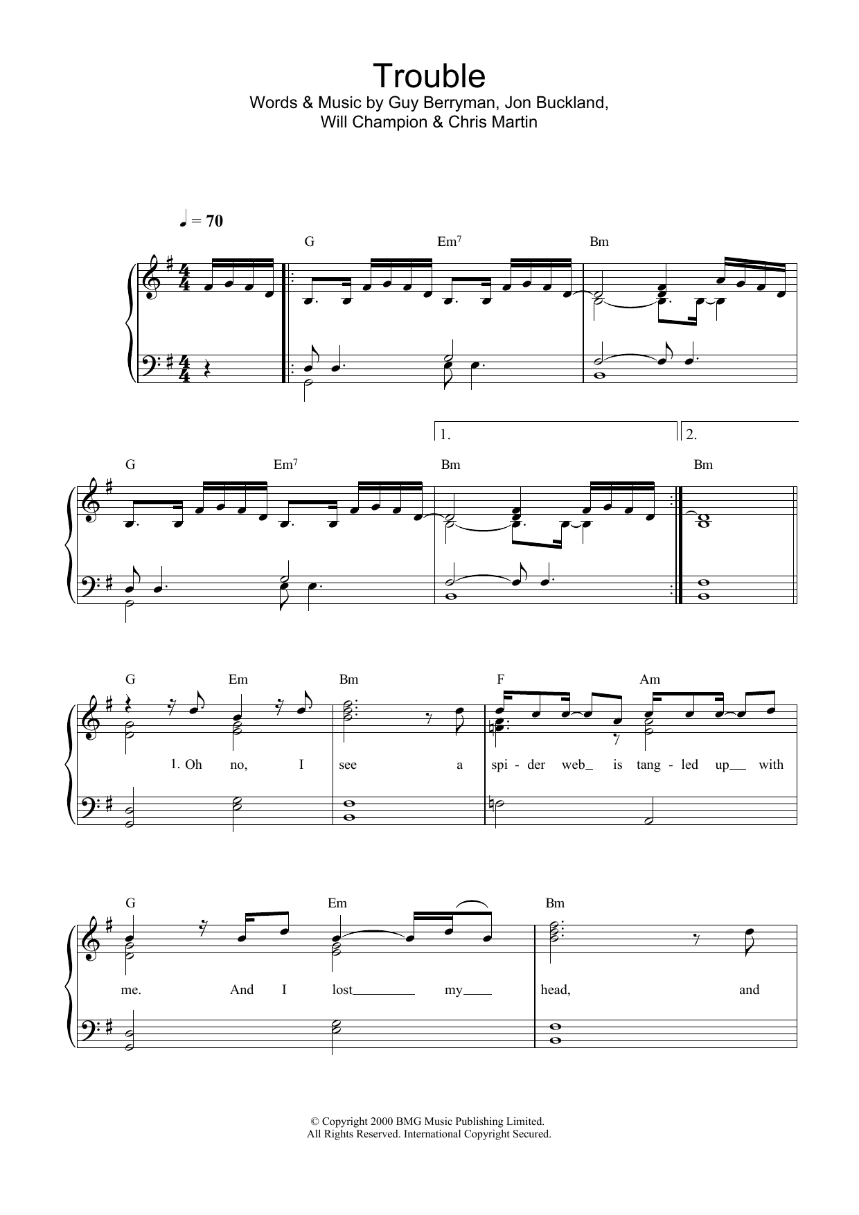 Coldplay Trouble sheet music notes and chords. Download Printable PDF.