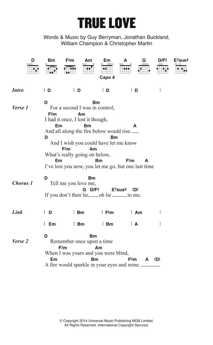 Coldplay True Love sheet music notes and chords. Download Printable PDF.