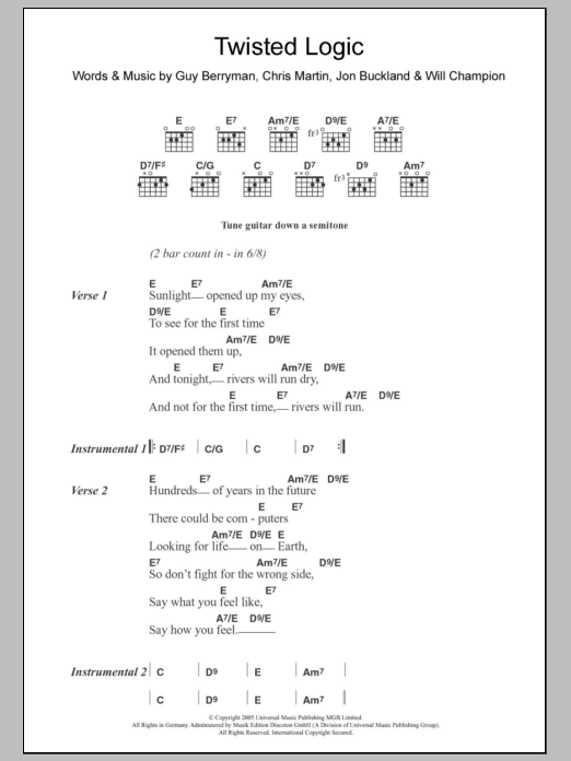 Coldplay Twisted Logic sheet music notes and chords. Download Printable PDF.