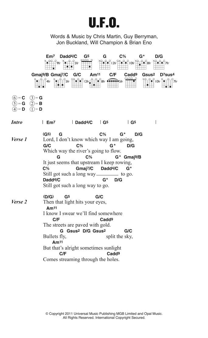 Coldplay U.F.O. sheet music notes and chords. Download Printable PDF.