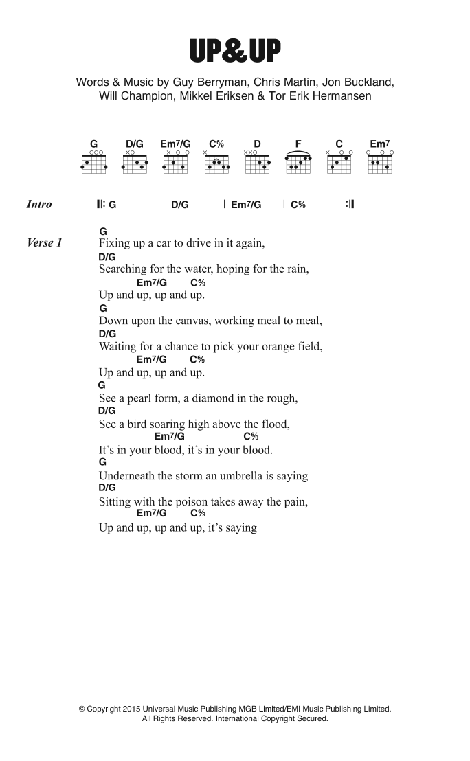 Coldplay Up and Up sheet music notes and chords. Download Printable PDF.