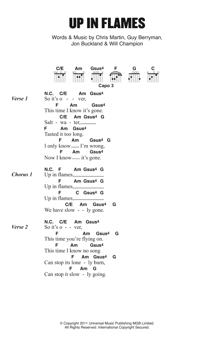 Coldplay Up In Flames sheet music notes and chords. Download Printable PDF.