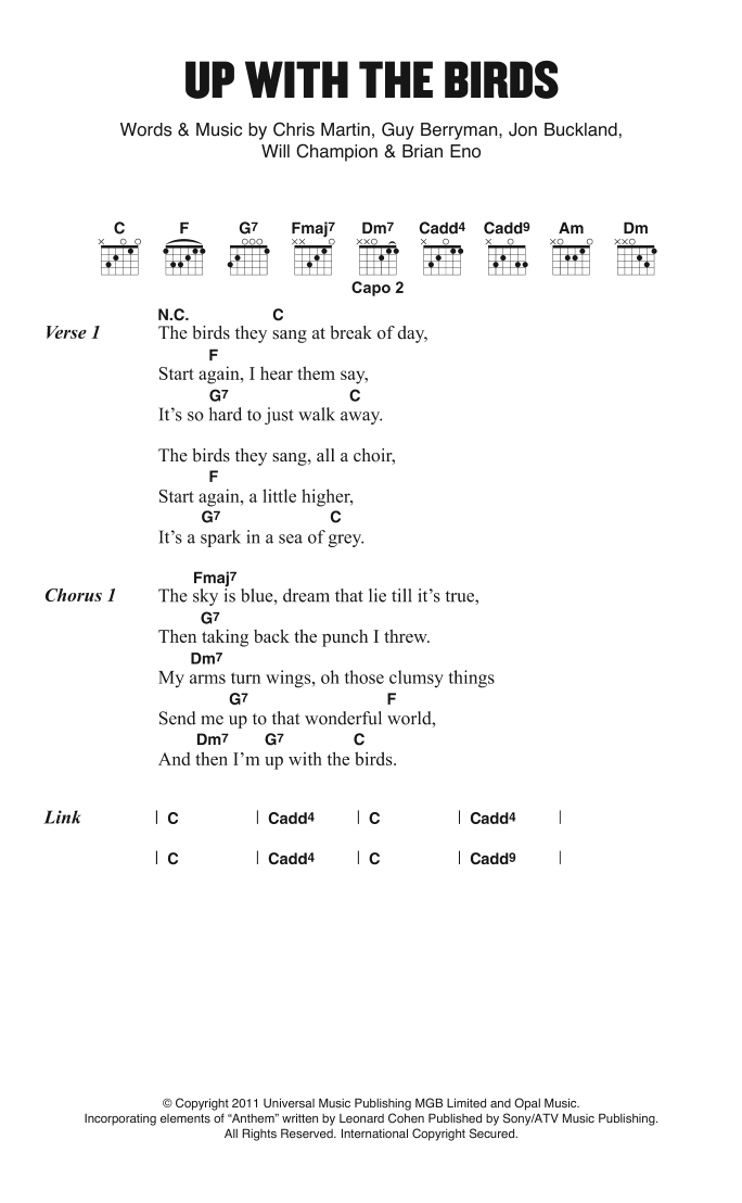 Coldplay Up With The Birds sheet music notes and chords. Download Printable PDF.