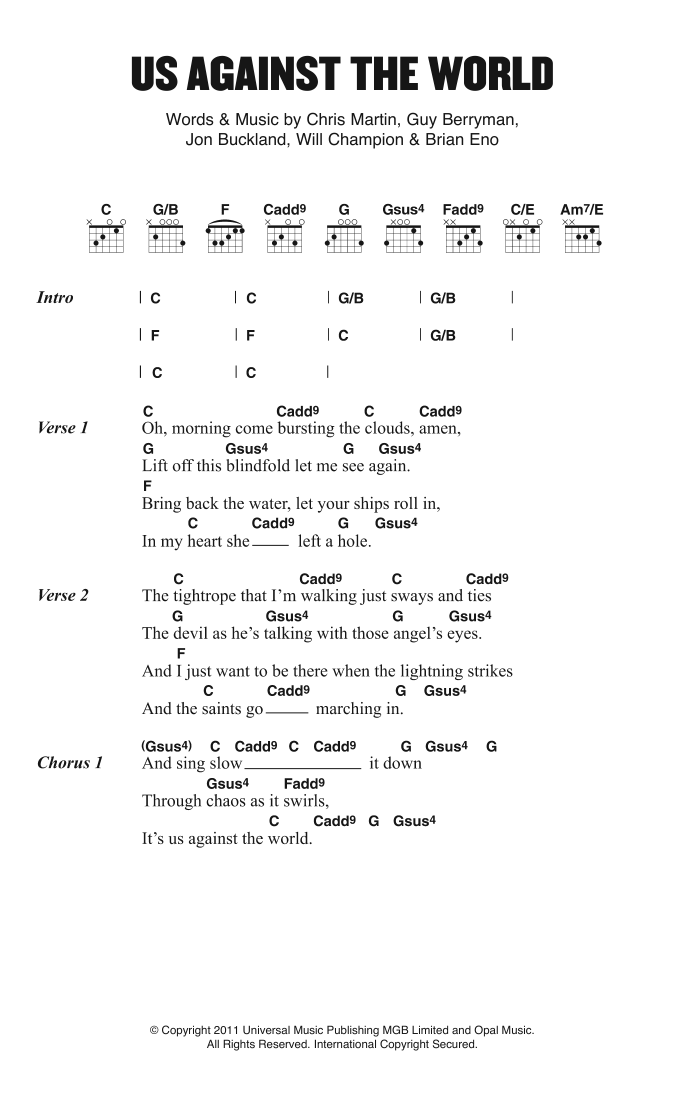 Coldplay Us Against The World sheet music notes and chords. Download Printable PDF.