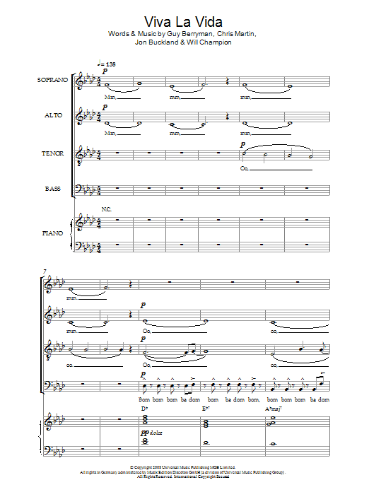 Learn to play Coldplay Viva La Vida (arr. Christopher Hussey) sheet music for SATB Choir in minutes. Price: 3.9900$ Coldplay Viva La Vida (arr. Christopher Hussey) sheet music notes and chords arranged for SATB Choir