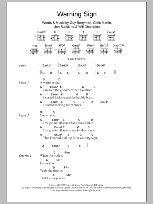 Coldplay Warning Sign sheet music notes and chords. Download Printable PDF.