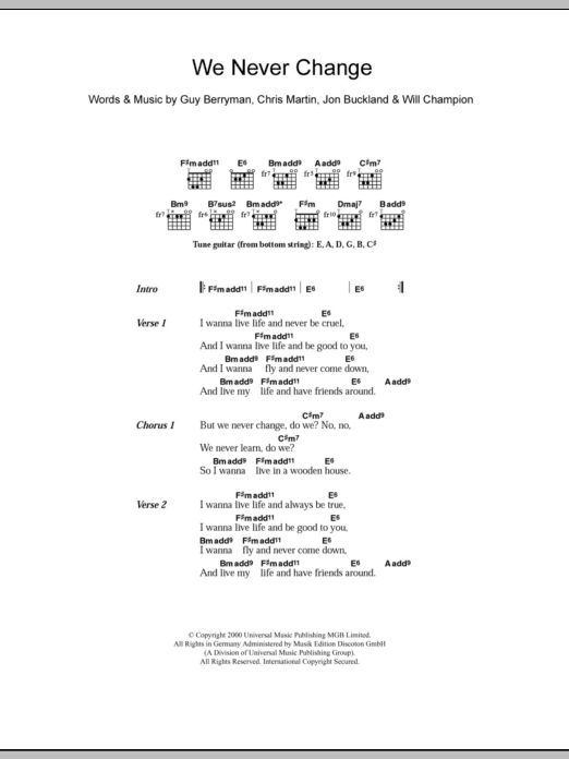 Coldplay We Never Change sheet music notes and chords. Download Printable PDF.