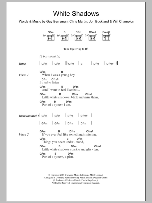 Coldplay White Shadows sheet music notes and chords. Download Printable PDF.