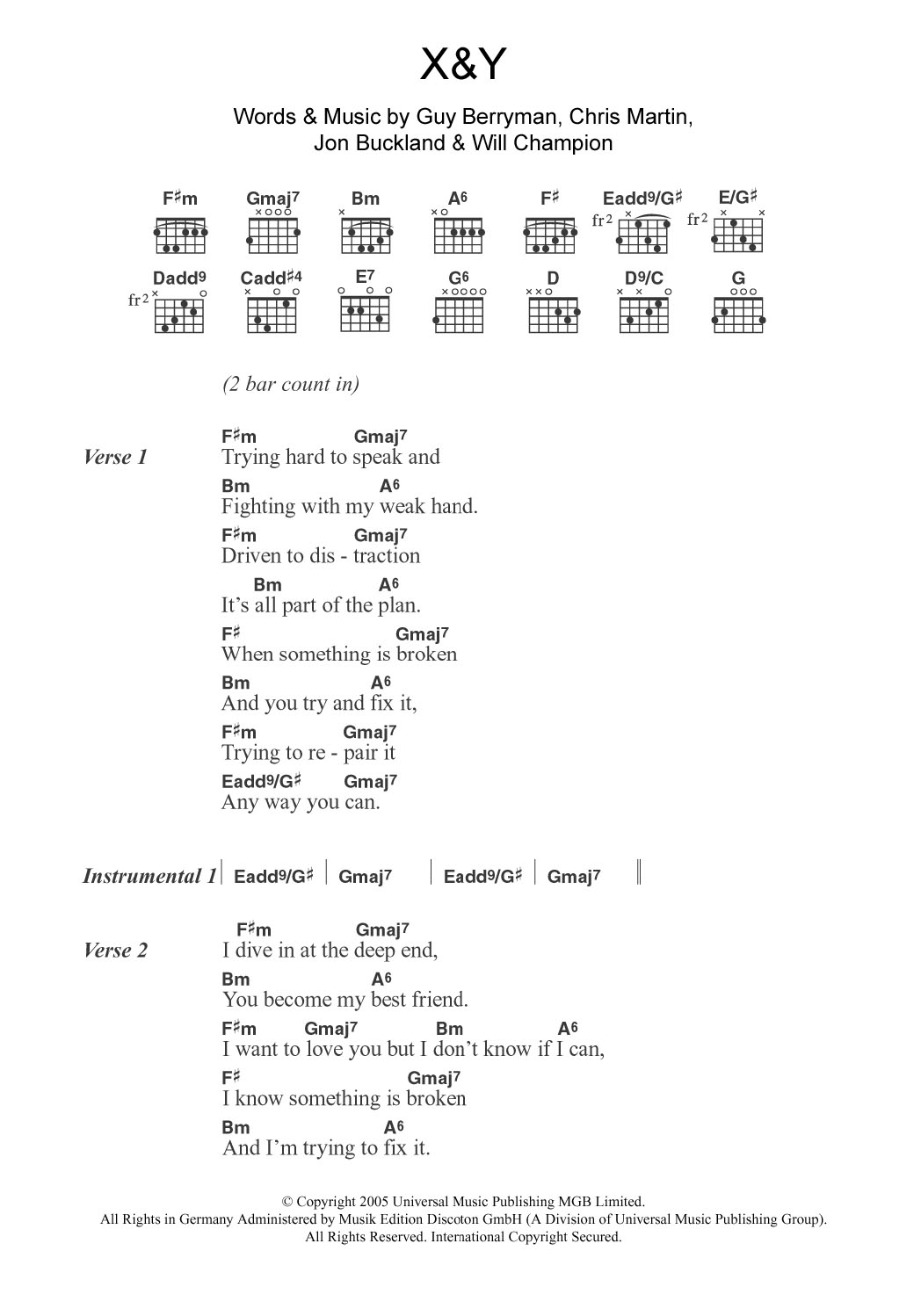 Coldplay X and Y sheet music notes and chords. Download Printable PDF.