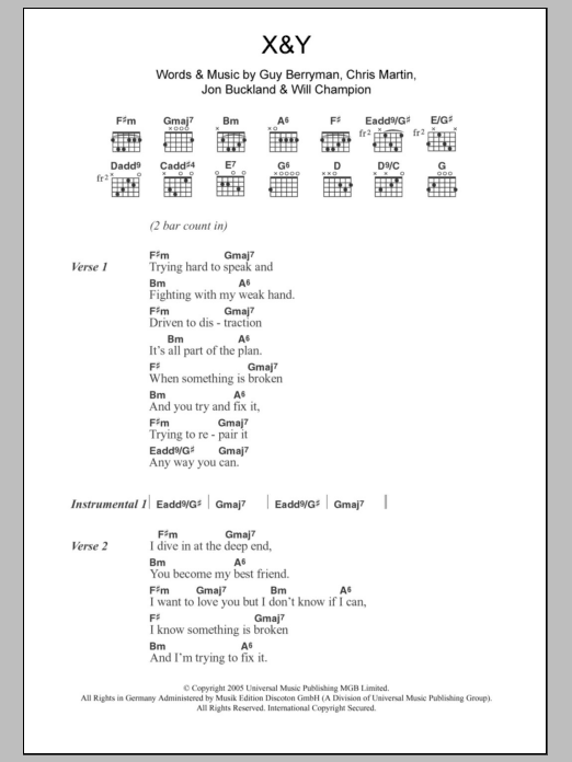 Coldplay X&Y sheet music notes and chords. Download Printable PDF.