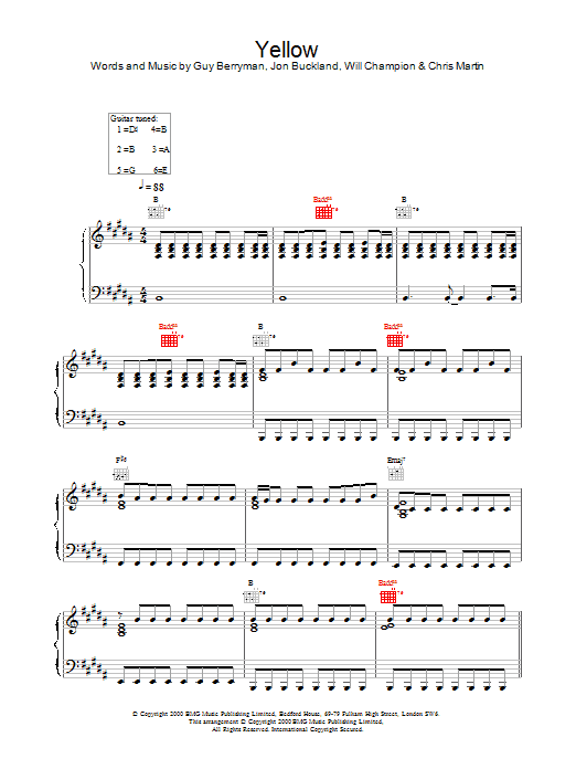 Coldplay Yellow sheet music notes and chords arranged for Easy Bass Tab