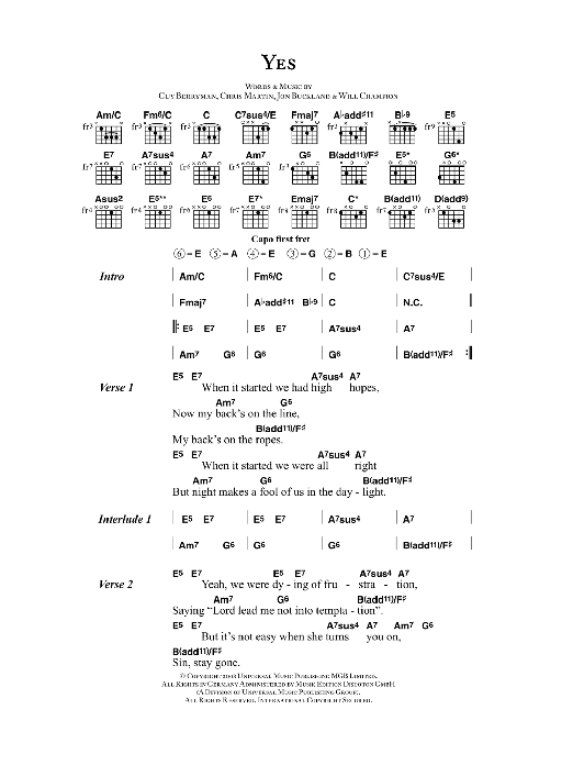 Coldplay Yes sheet music notes and chords. Download Printable PDF.