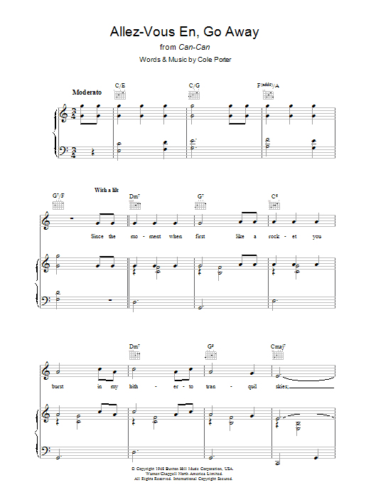 Learn to play Cole Porter Allez-Vous En, Go Away sheet music for Piano, Vocal & Guitar Chords in minutes. Price: 7.8900$ Cole Porter Allez-Vous En, Go Away sheet music notes and chords arranged for Piano, Vocal & Guitar Chords