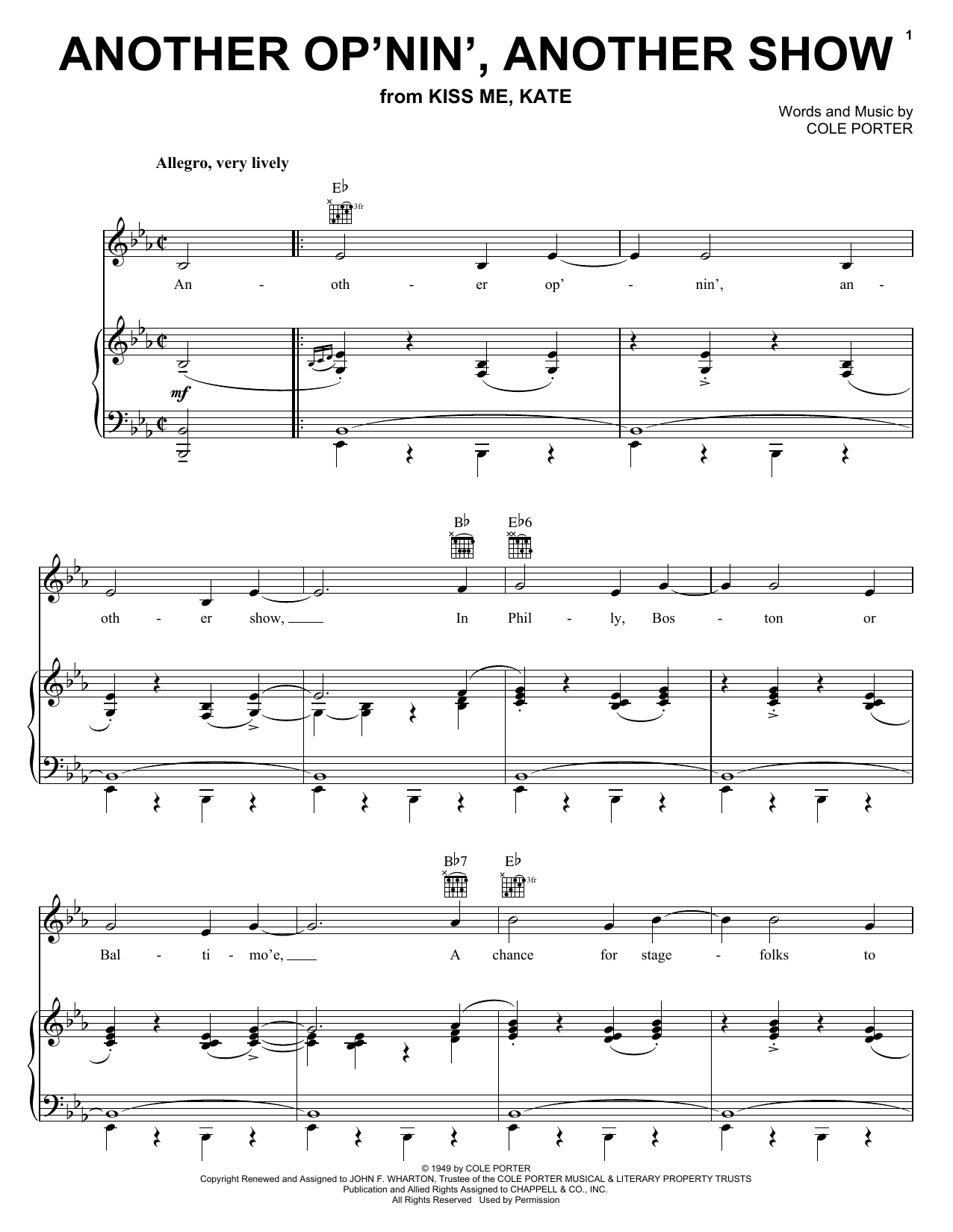 Cole Porter Another Op'nin', Another Show (from Kiss Me, Kate) sheet music notes and chords. Download Printable PDF.