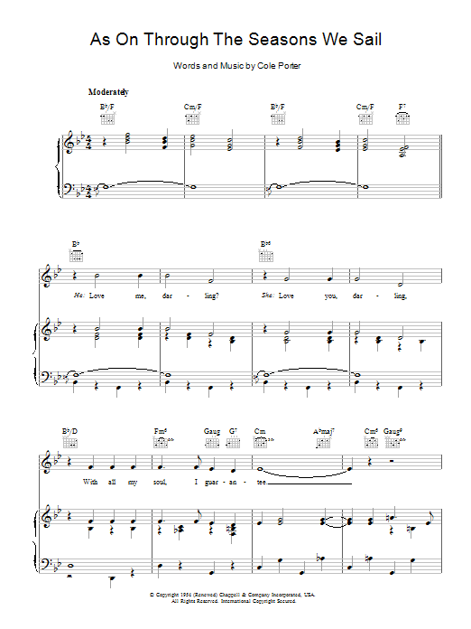 Learn to play Cole Porter As On Through The Seasons We Sail sheet music for Piano, Vocal & Guitar Chords in minutes. Price: 7.8900$ Cole Porter As On Through The Seasons We Sail sheet music notes and chords arranged for Piano, Vocal & Guitar Chords