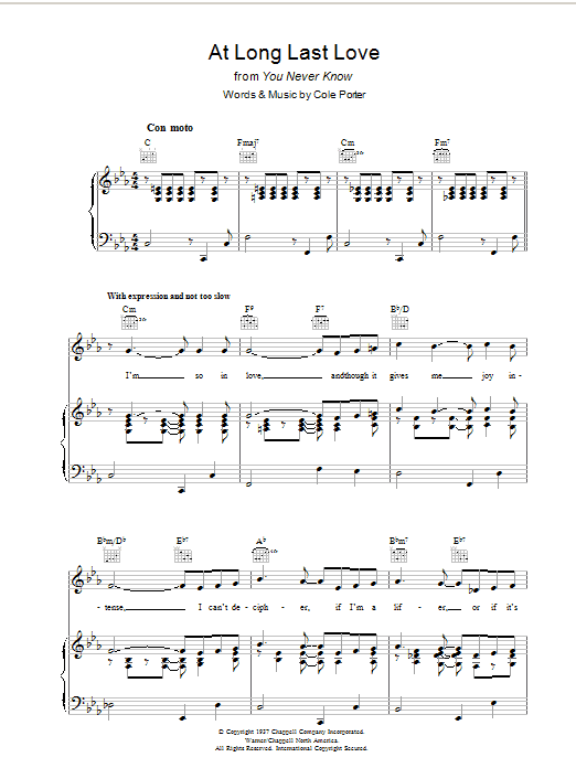 Learn to play Cole Porter At Long Last Love sheet music for Piano, Vocal & Guitar Chords in minutes. Price: 7.8900$ Cole Porter At Long Last Love sheet music notes and chords arranged for Piano, Vocal & Guitar Chords