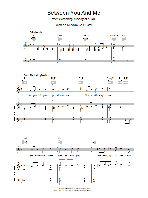 Learn to play Cole Porter Between You And Me sheet music for Piano, Vocal & Guitar Chords in minutes. Price: 7.8900$ Cole Porter Between You And Me sheet music notes and chords arranged for Piano, Vocal & Guitar Chords