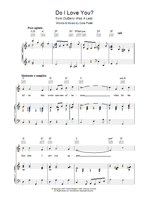 Learn to play Cole Porter Do I Love You? sheet music for Piano, Vocal & Guitar Chords in minutes. Price: 7.8900$ Cole Porter Do I Love You? sheet music notes and chords arranged for Piano, Vocal & Guitar Chords