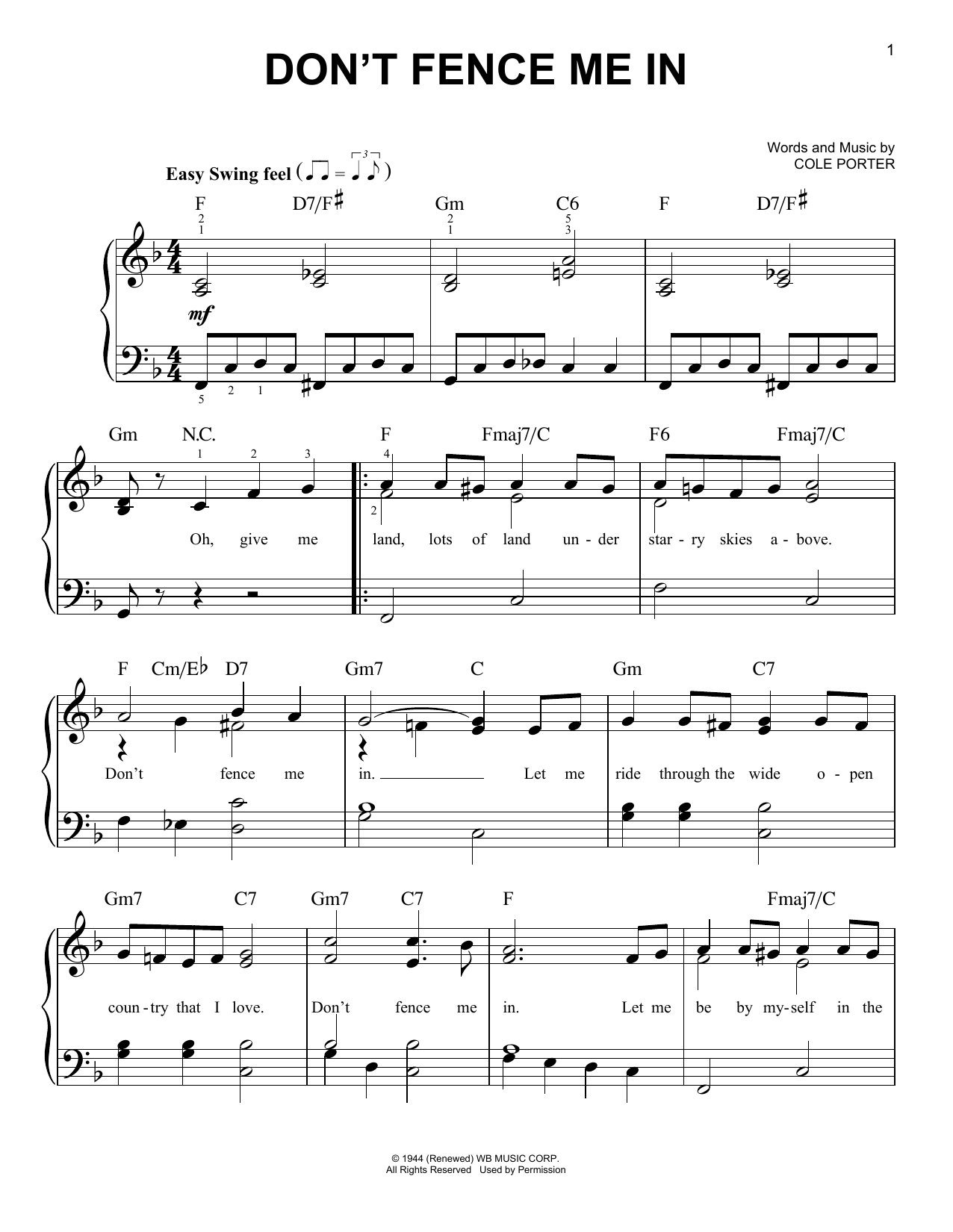 Cole Porter Don't Fence Me In sheet music notes and chords. Download Printable PDF.