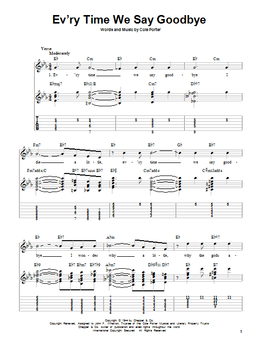 Cole Porter Ev'ry Time We Say Goodbye sheet music notes and chords. Download Printable PDF.