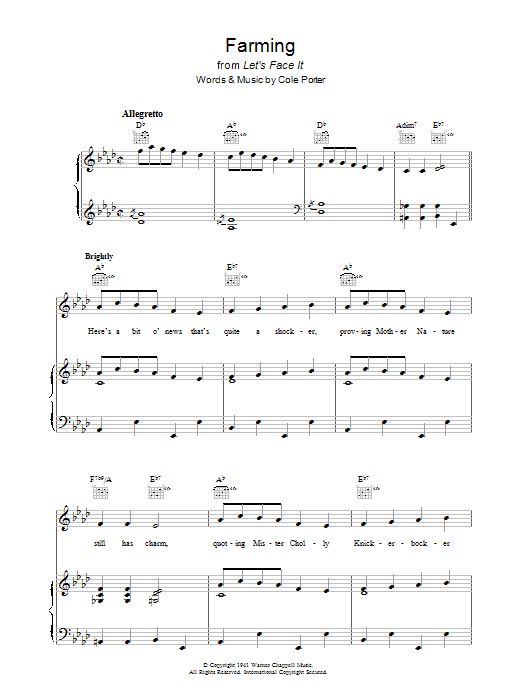 Learn to play Cole Porter Farming sheet music for Piano, Vocal & Guitar Chords in minutes. Price: 7.8900$ Cole Porter Farming sheet music notes and chords arranged for Piano, Vocal & Guitar Chords