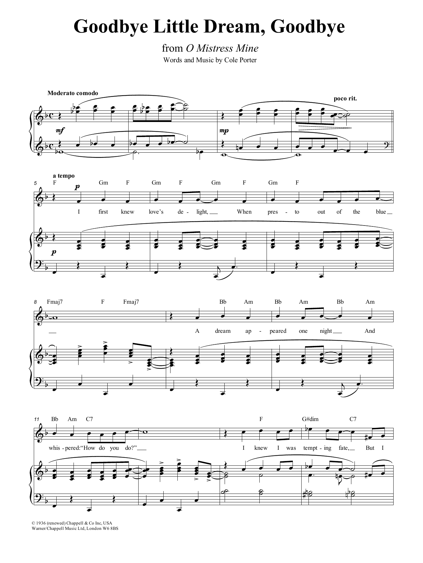 Cole Porter Goodbye, Little Dream, Goodbye sheet music notes and chords. Download Printable PDF.